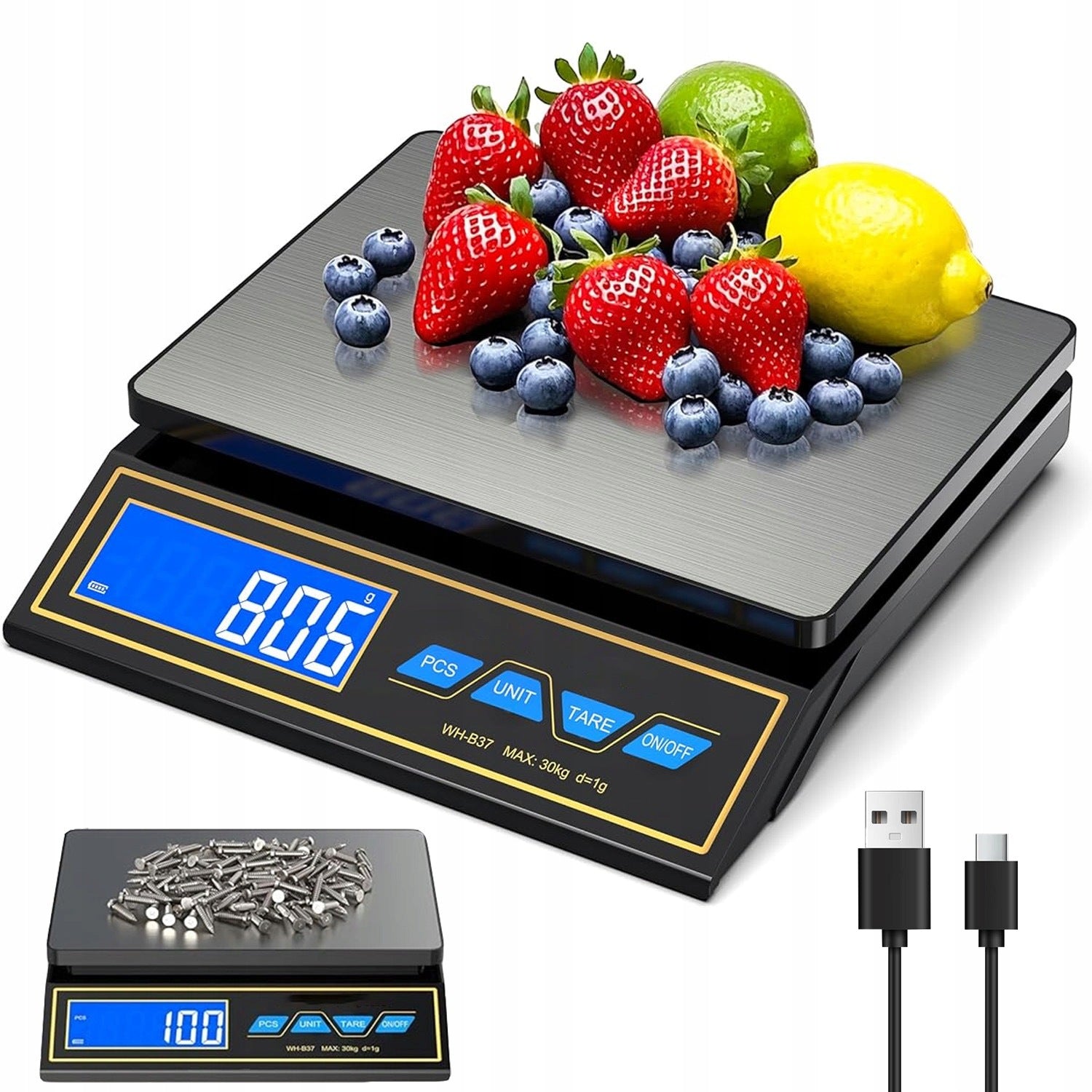 SHOP SCALE LCD 30KG TARA STAINLESS STEEL CHARGING USB-C 800MAH