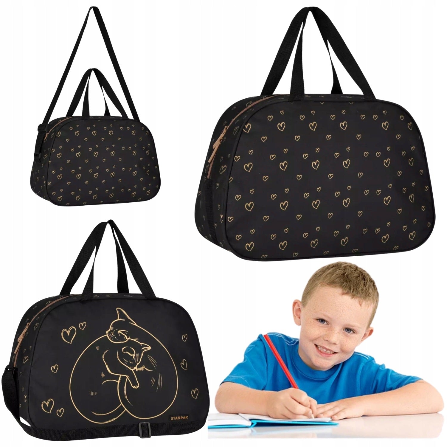 SHOULDER BAG STARPAK GOLD KITTENS HEART SCHOOL GIRL 553166