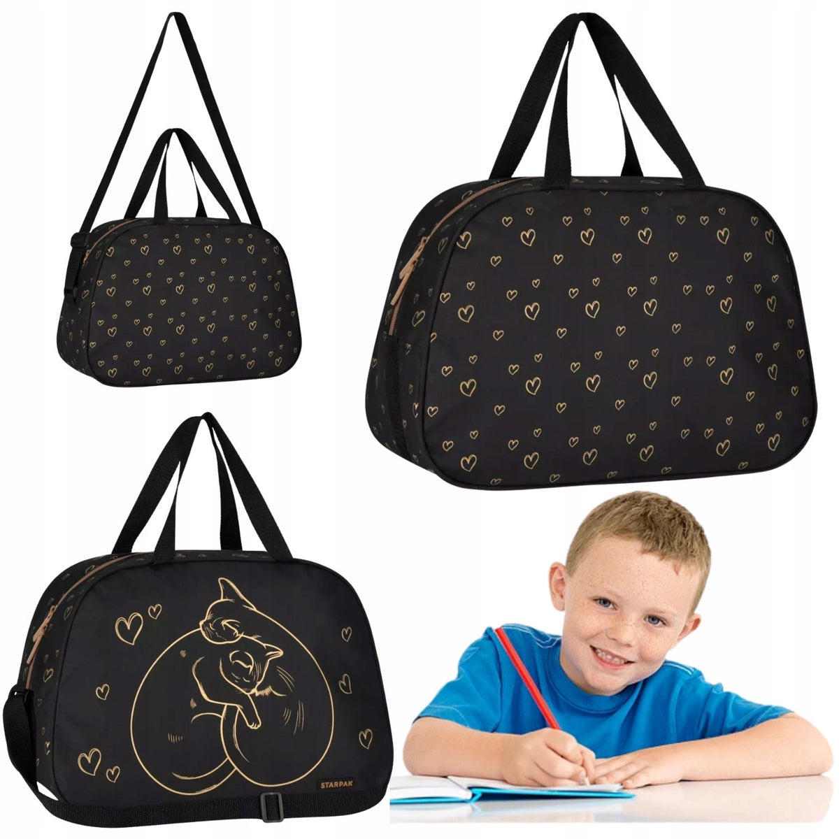 SHOULDER BAG STARPAK GOLD KITTENS HEART SCHOOL GIRL 553166