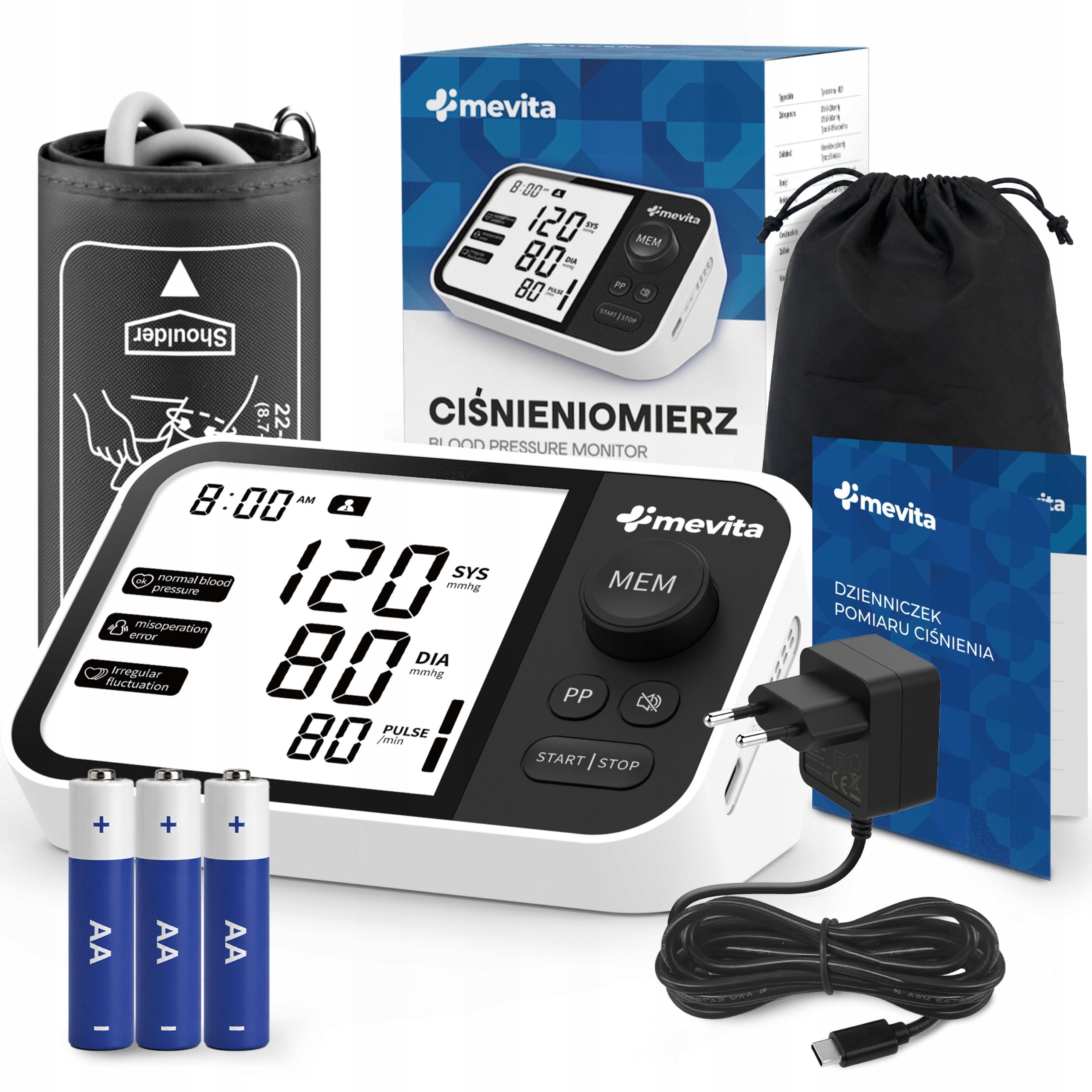 SHOULDER BLOOD PRESSURE MONITOR MEVITA BE21 ARRHYTHMIA SPEAKS in Polish CASE POWER SUPPLY Packaging status original