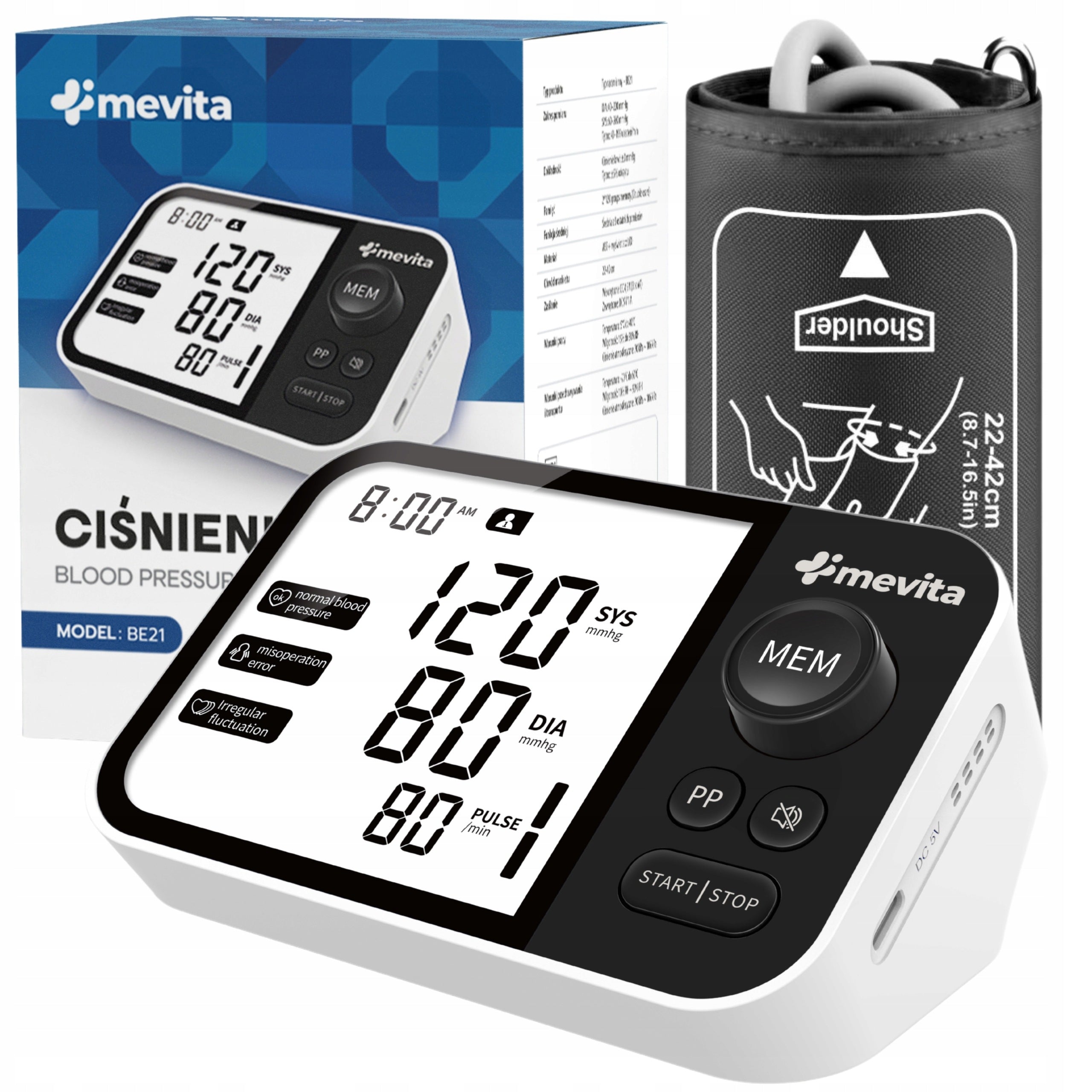 SHOULDER BLOOD PRESSURE MONITOR MEVITA BE21 ARRHYTHMIA SPEAKS in Polish CASE POWER SUPPLY