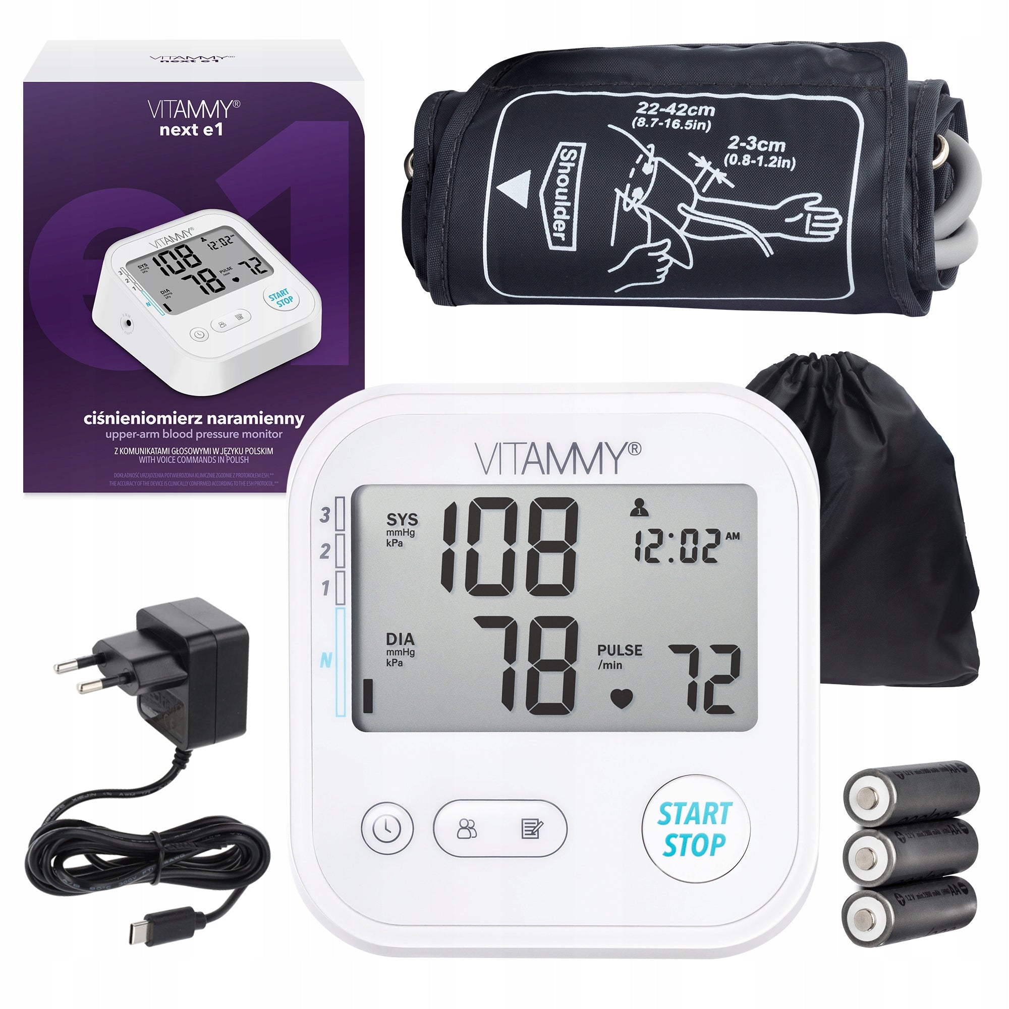 SHOULDER BLOOD PRESSURE MONITOR VITAMMY E1 ARRHYTHMIA CASE POWER SUPPLY SPEAKS in Polish Packaging status original