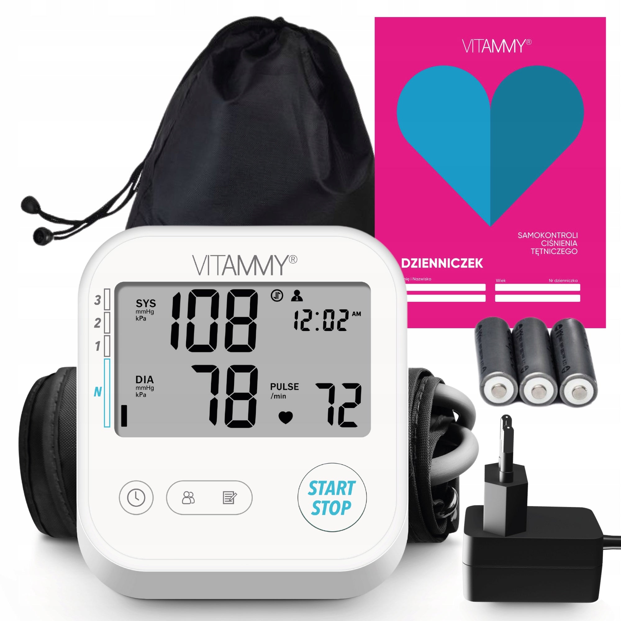 SHOULDER BLOOD PRESSURE MONITOR VITAMMY E1 ARRHYTHMIA CASE POWER SUPPLY SPEAKS in Polish