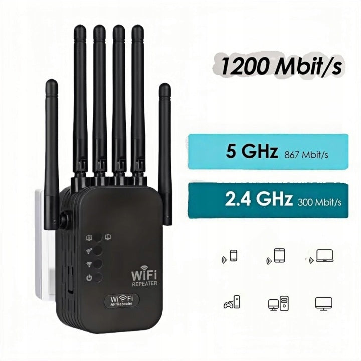 SIGNAL AMPLIFIER WiFi NETWORK REPEATER POWERFUL 1200Mbps 2.4G+5GHz - 6 ANTENNAS