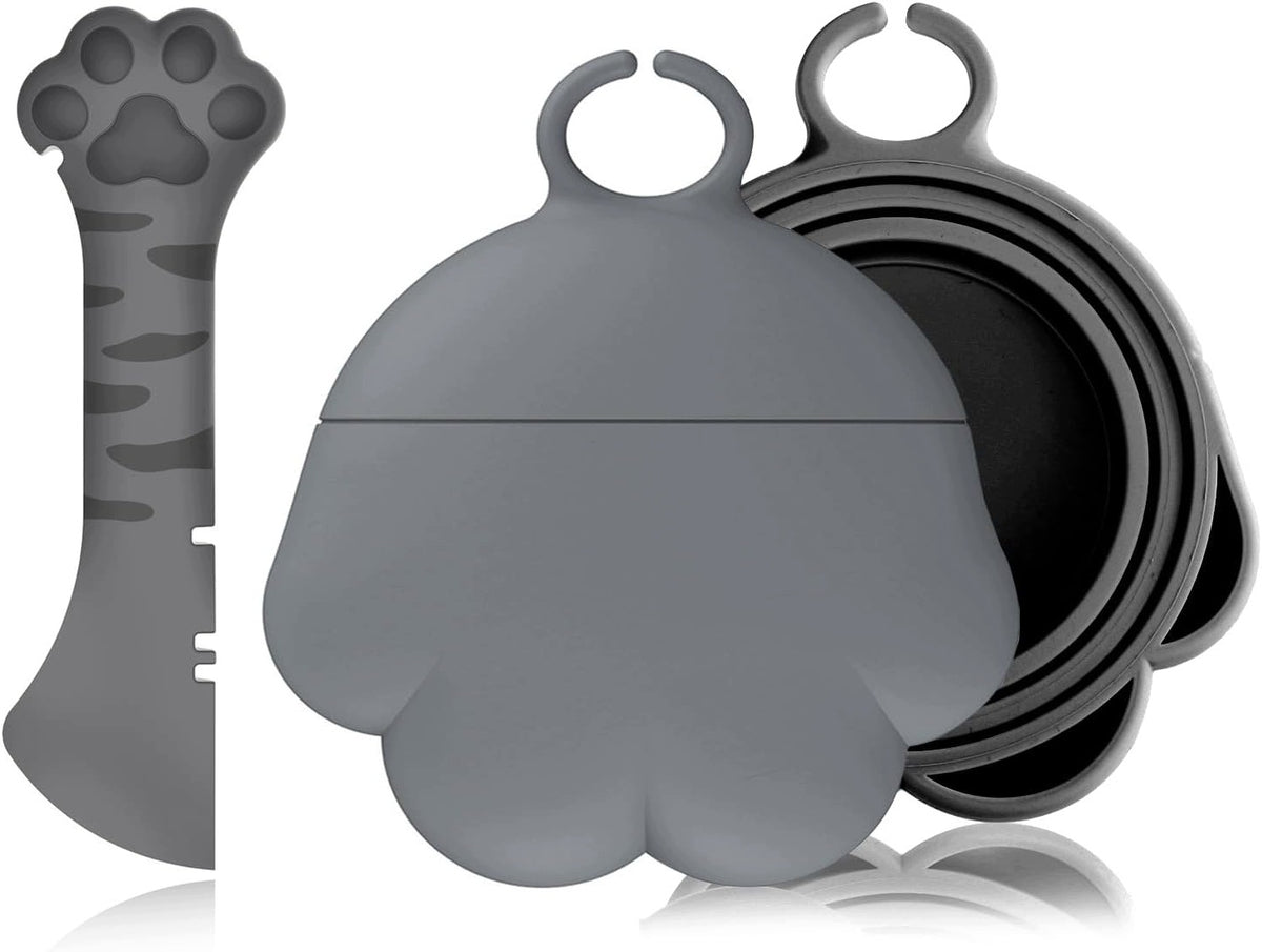 SILICONE FOOD CAN LID WITH SPOON AND CAT PAW PATTERN GREY