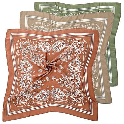 SILK HEAD SCARF FOR WOMEN SQUARE SATIN BROWN KHAKI 3 PCS
