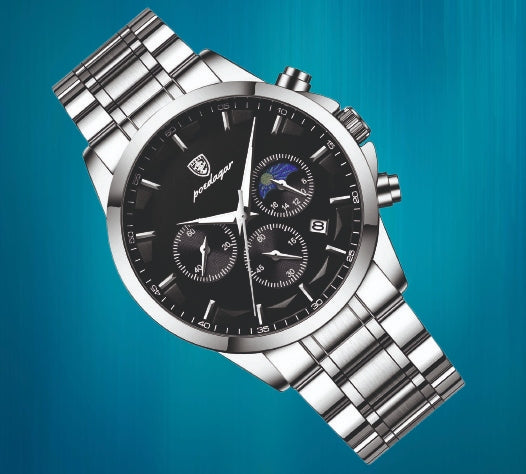 SILVER MEN'S WATCH ON BRACELET POEDAGAR CHRONOGRAPH BOX DATE Brand no brand