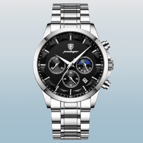 SILVER MEN'S WATCH ON BRACELET POEDAGAR CHRONOGRAPH BOX DATE Packaging status original