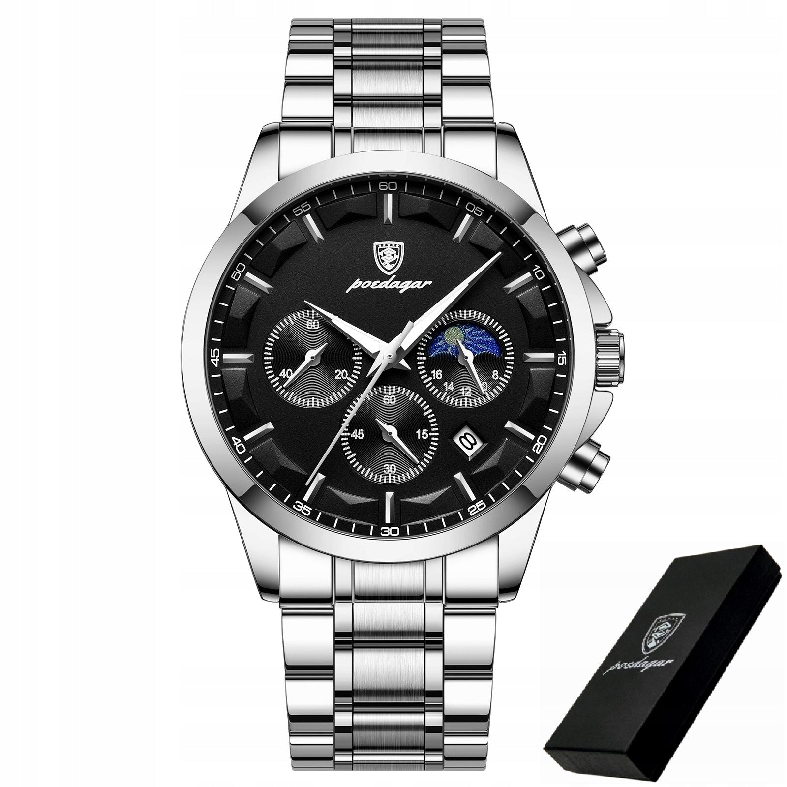 SILVER MEN'S WATCH ON BRACELET POEDAGAR CHRONOGRAPH BOX DATE