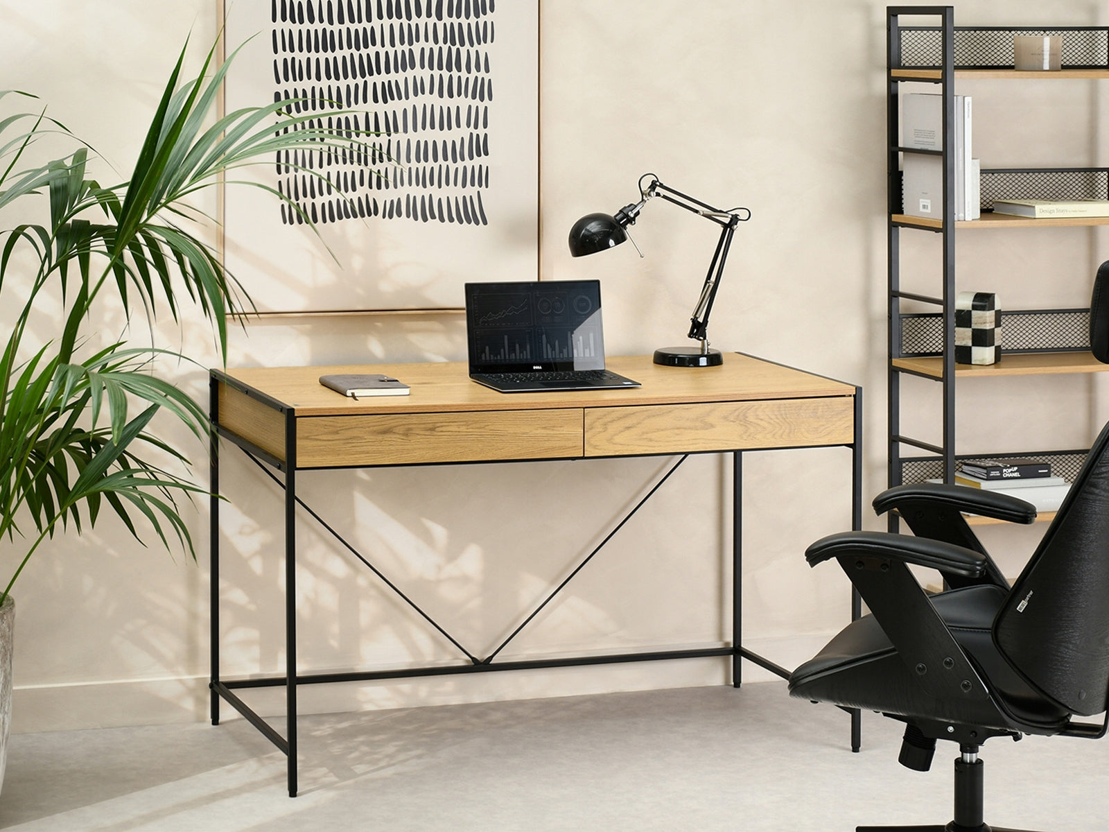 SIMPLE OAK DESK 123CM WITH DRAWERS VANITY UNIF ON BLACK BASE Manufacturer code 5907698680406