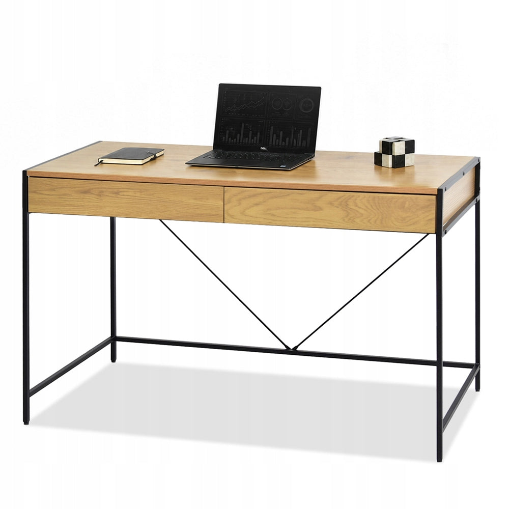 SIMPLE OAK DESK 123CM WITH DRAWERS VANITY UNIF ON BLACK BASE