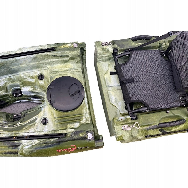 SINGLE SEATER FISHING KAYAK MODULAR FOLDING WITH FOOT DRIVE SCORPIO Model PEDAL FLAP MODULAR CAMO