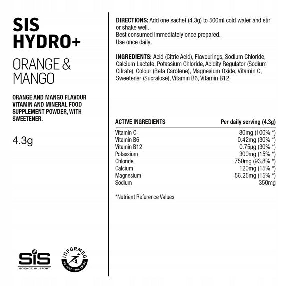 SIS Electrolyte Drink HYDRO+ Drink Mix Electrolyte 4.1gr. Orange & Mango Packaging status original