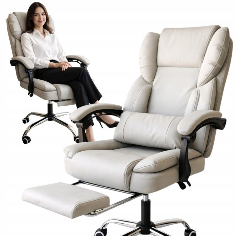 SKYLINE Swivel Office Chair with Footrest - Cream Faux Leather