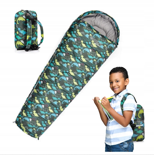 SLEEPING BAG FOR CHILDREN WITH BACKPACK METEOR mummy YMER DINO (130+30)x60/40cm