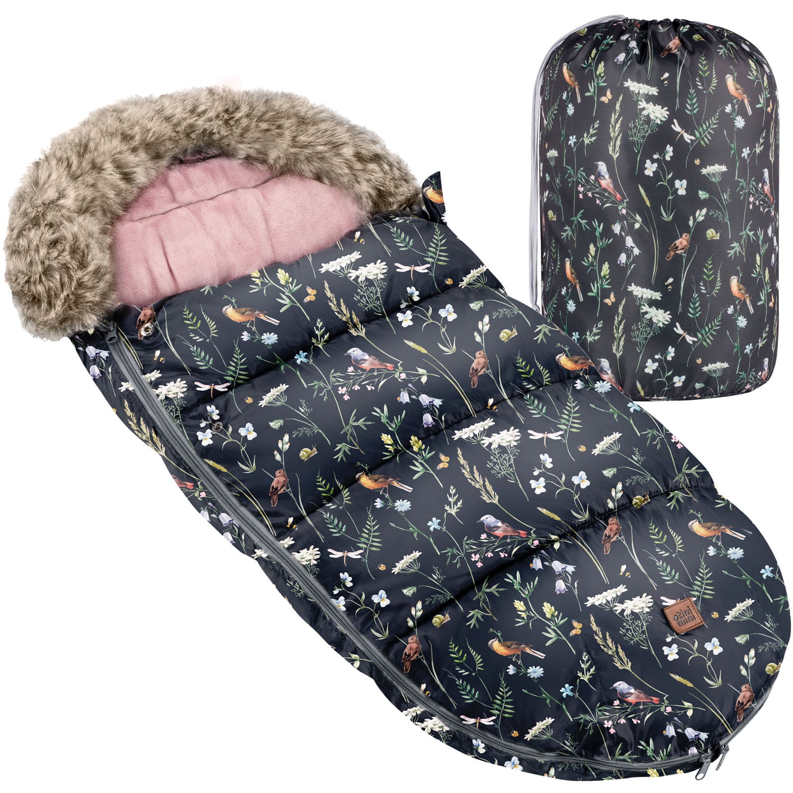 SLEEPING BAG FOR STROLLER GONDOLA SLED 100cm WITH FUR WARM WINTER FOREST MEADOW