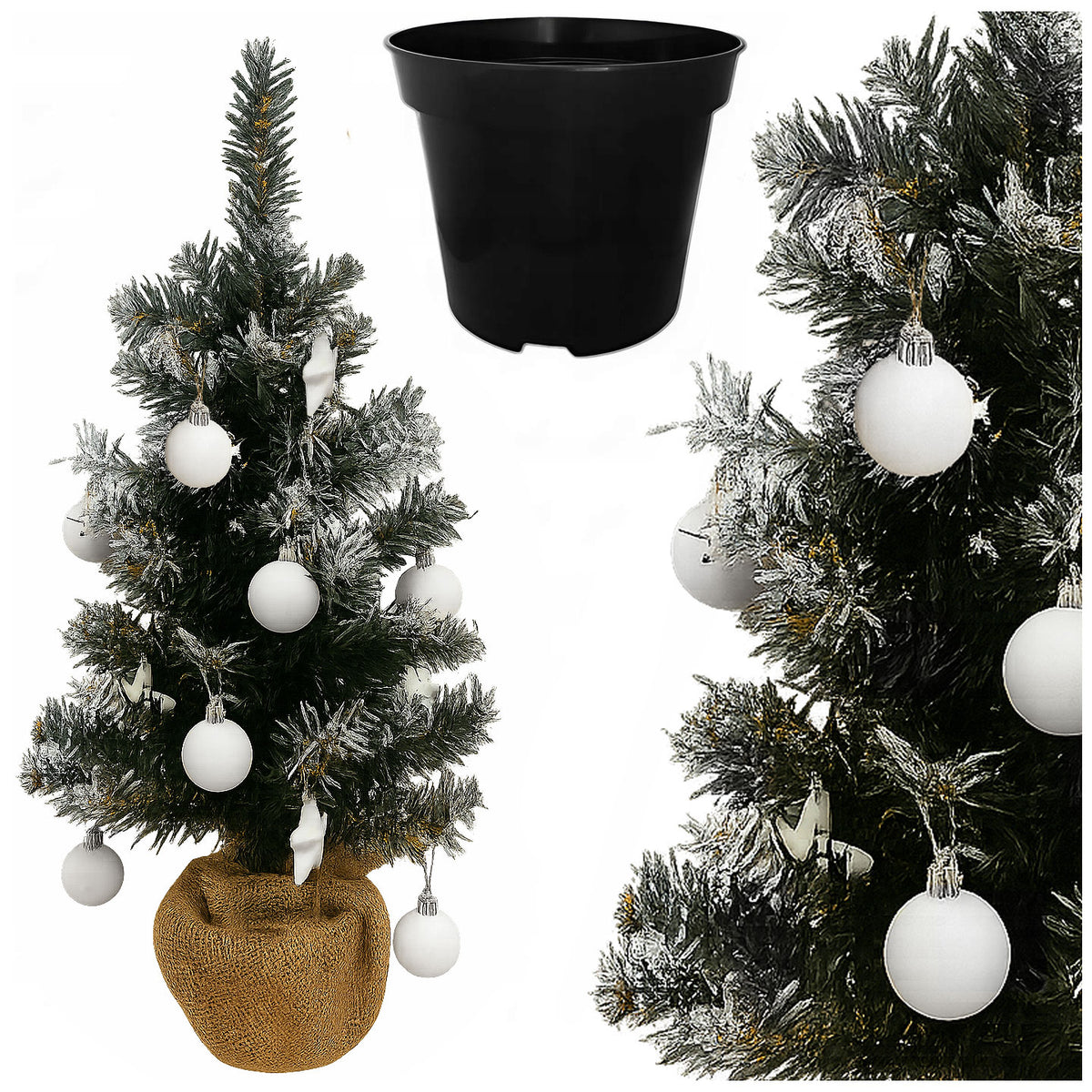 SMALL ARTIFICIAL CHRISTMAS TREE AS LIVING DECORATIONS 65CM DENSE DECORATED WITH WHITE BAUBLES Packaging status original