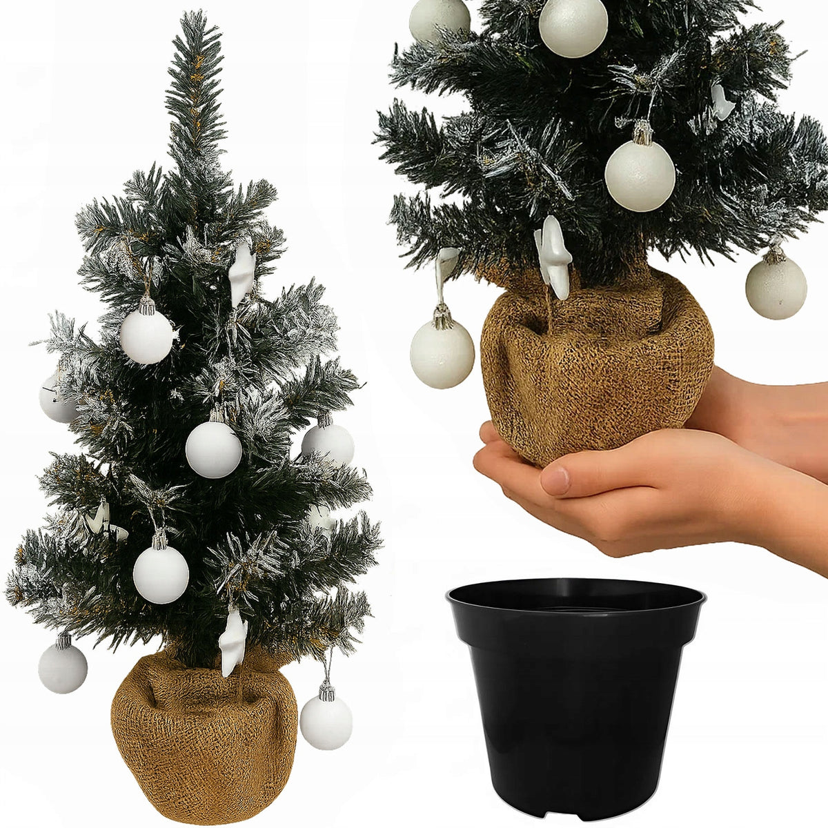 SMALL ARTIFICIAL CHRISTMAS TREE AS LIVING DECORATIONS 65CM DENSE DECORATED WITH WHITE BAUBLES