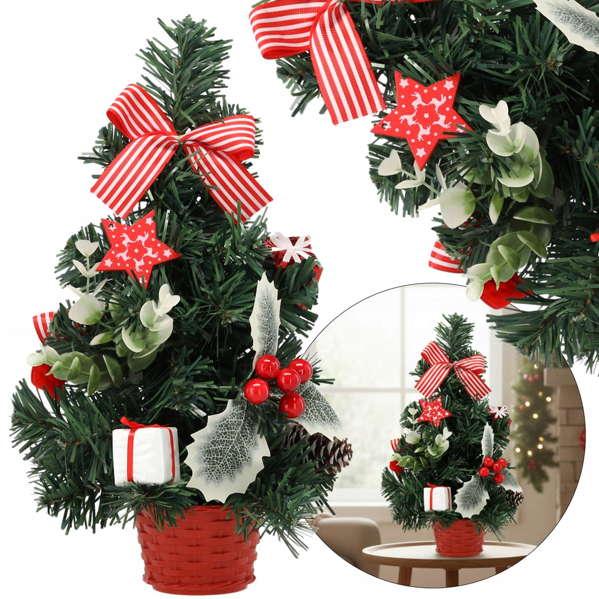 SMALL Artificial Christmas Tree with Holly DECORATED 30 cm