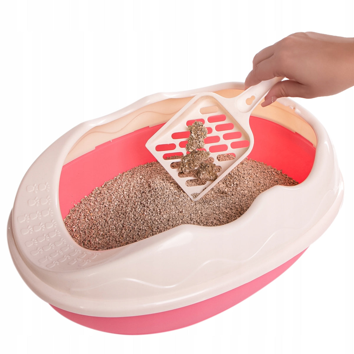 SMALL CAT LITTER BOX PINK WITH SPATULA FRAME AGAINST LITTER SPILLAGE