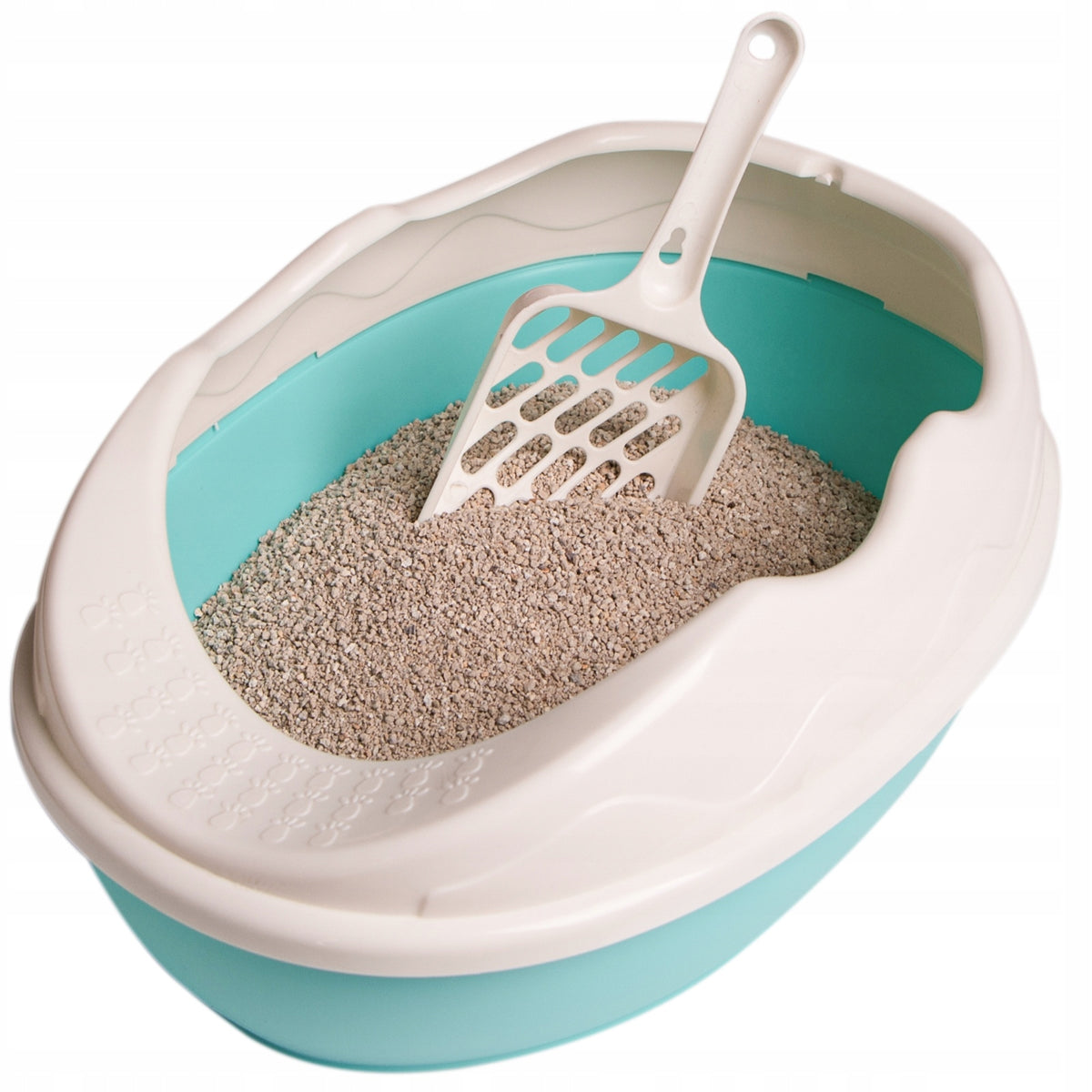 SMALL CAT LITTER BOX WITH TILT SPATULA AND PROFILED FRAME TURQUOISE BLUE