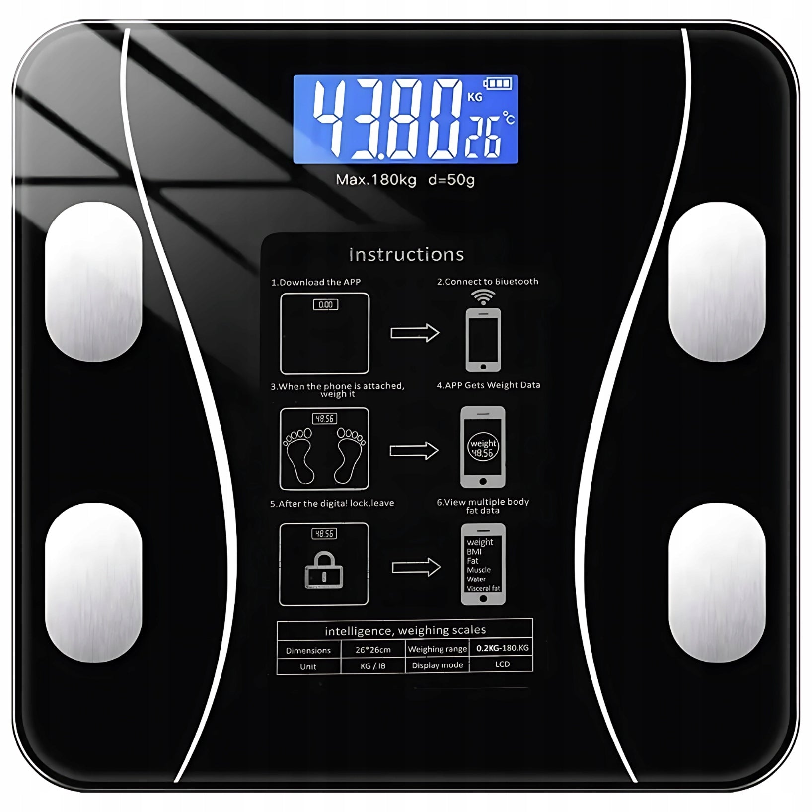 SMART ANALYTICAL BATHROOM SCALE + ANDROID iOS APP + 2x AAA BATTERY