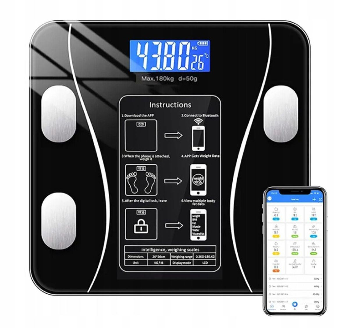 SMART BATHROOM SCALE ANALYTICAL BLUETOOTH BLACK UP TO 180KG
