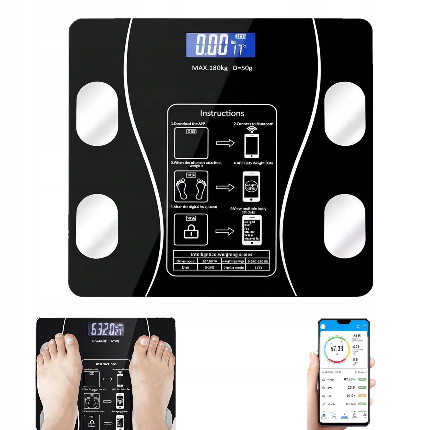 SMART BATHROOM SCALE WITH BLUETOOTH AND OKOK APP BODY ANALYSIS