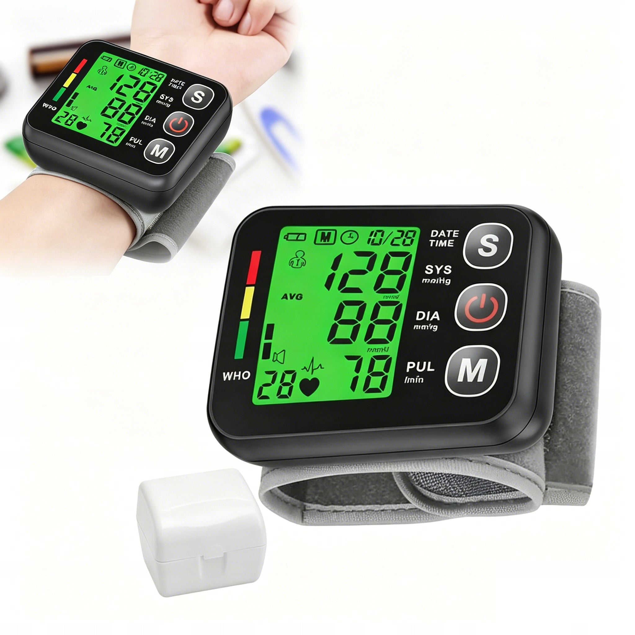 SMART LCD WRIST BLOOD PRESSURE MONITOR WITH MEMORY ARRHYTHMIA DETECTION + CASE