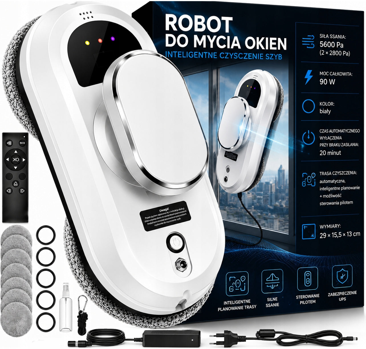 SMART WINDOW CLEANING ROBOT SET AUTOMATIC WASHER 5600PA 80W
