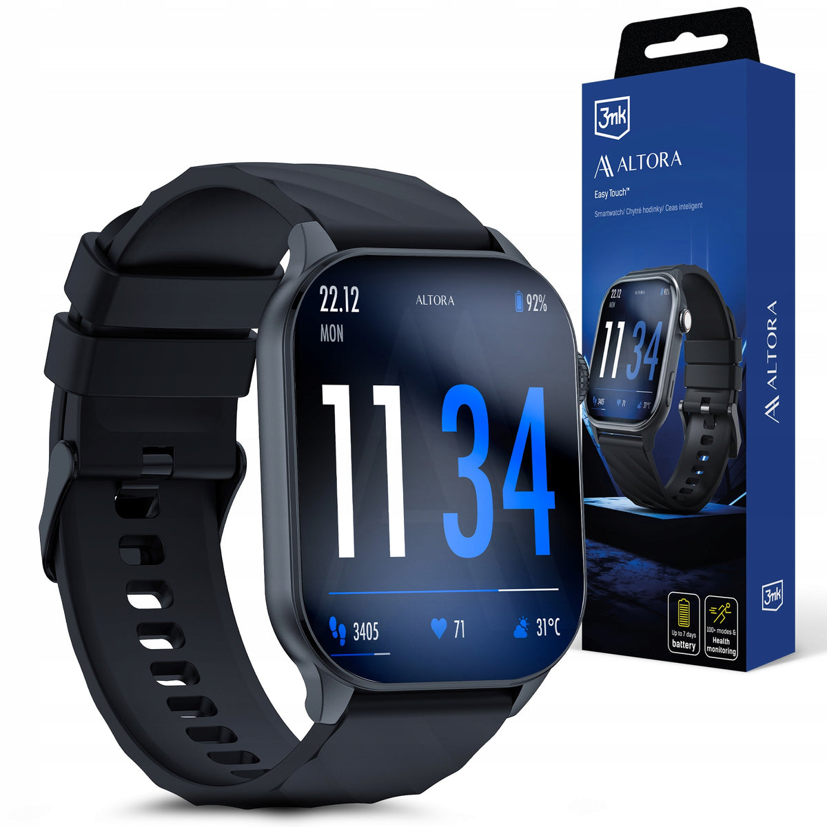 SMARTWATCH BLACK 3mk Altora - WATERPROOF WATCH - MENU PL IP67 Packaging status original