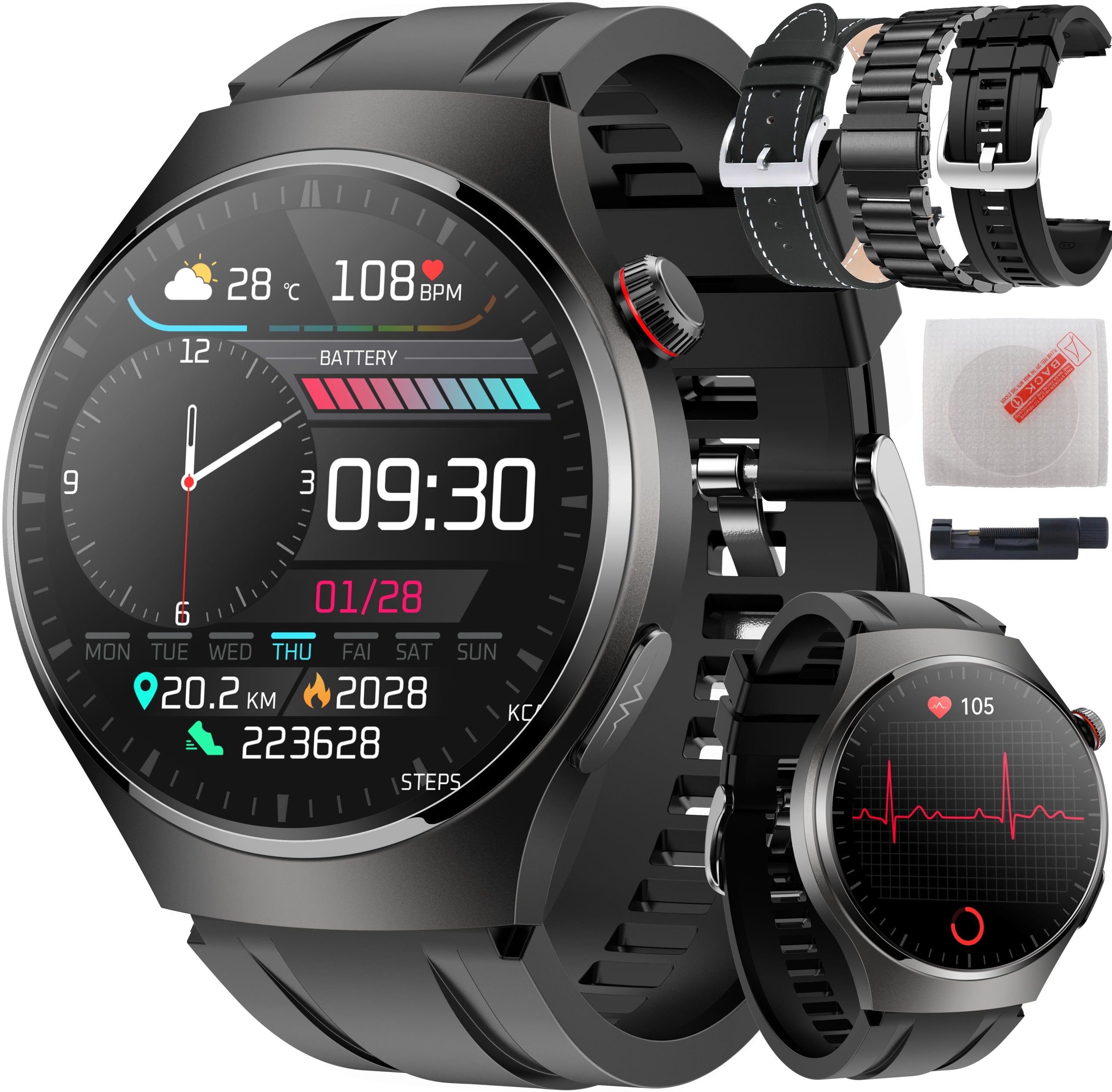 SMARTWATCH Blood Pressure Monitor Glucose Assistant ECG Sleep Monitor AMOLED Case color black