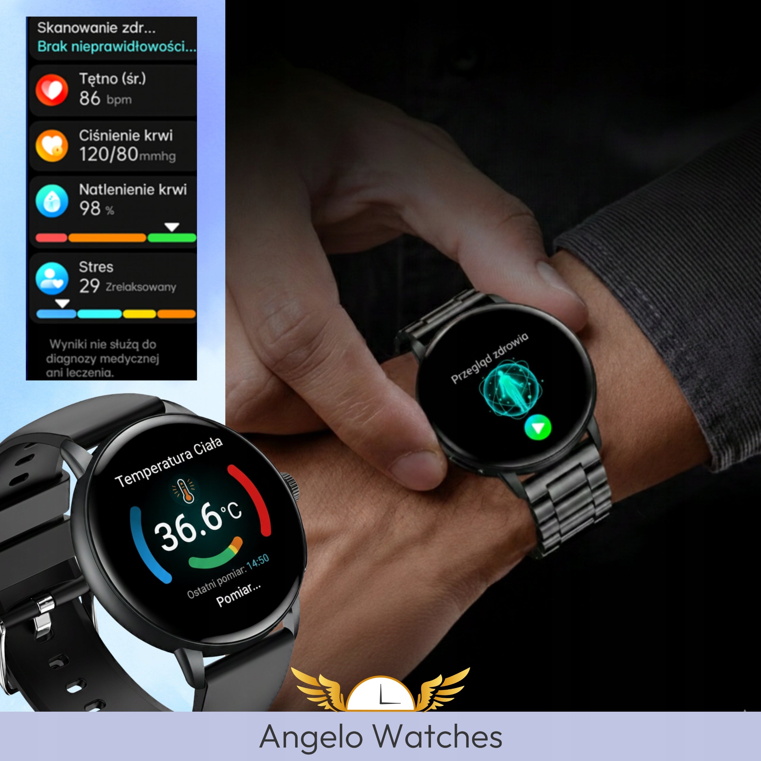 SMARTWATCH FOR SENIOR CARDIOWATCH ECG HRV PULSE PPG CALLS POLISH MENU Brand Angelo Watches