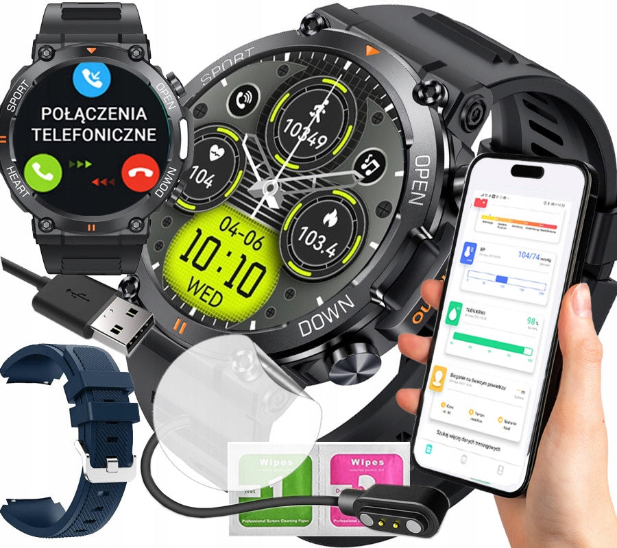 SMARTWATCH MEN'S SPEAKER ECG MICROPHONE MENU PL BATTERY 400 mAh ! 2 STRIPS