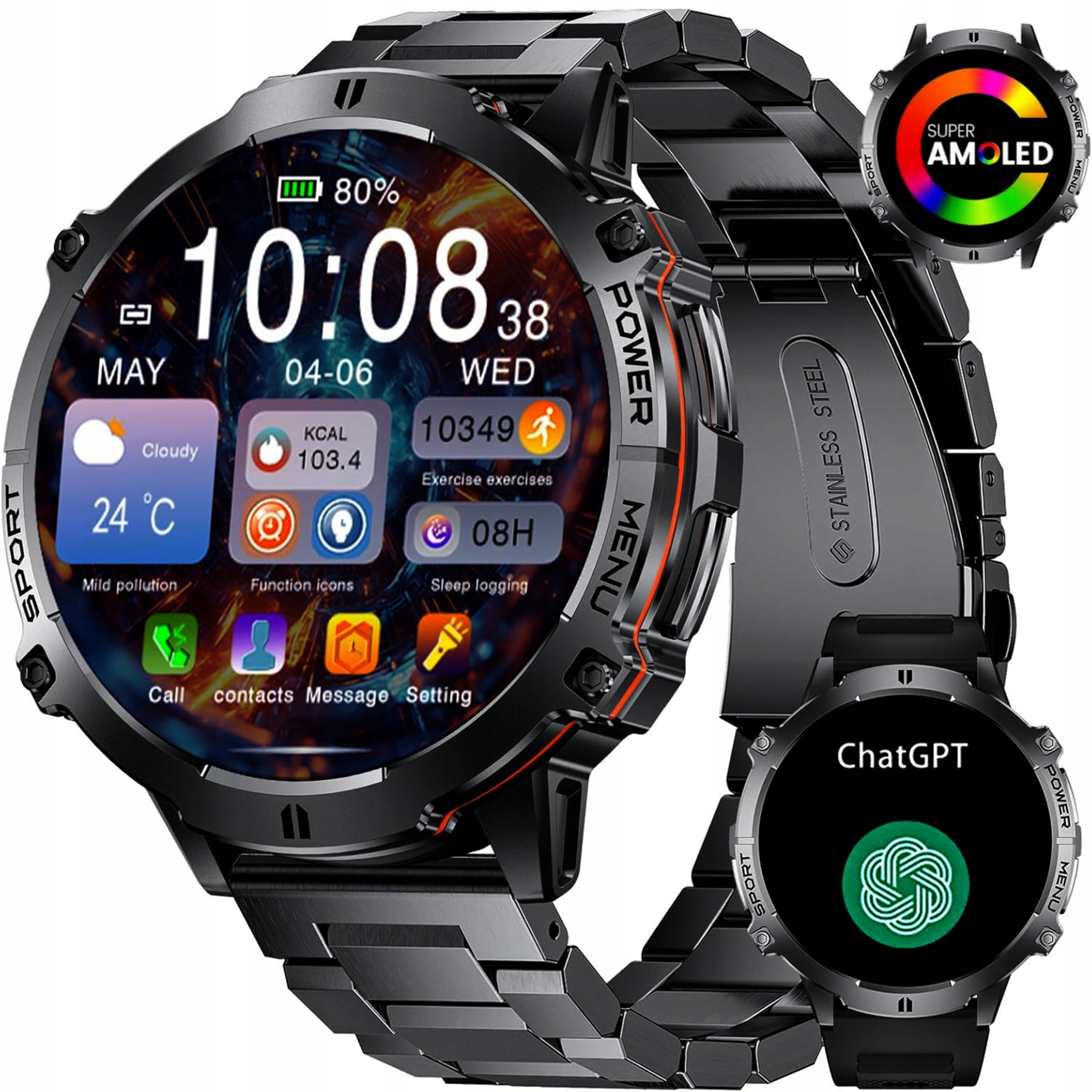SMARTWATCH MEN'S WATCH AMOLED 900mAh CHAT GPT TALK BT COMPASS 2 STRAPS
