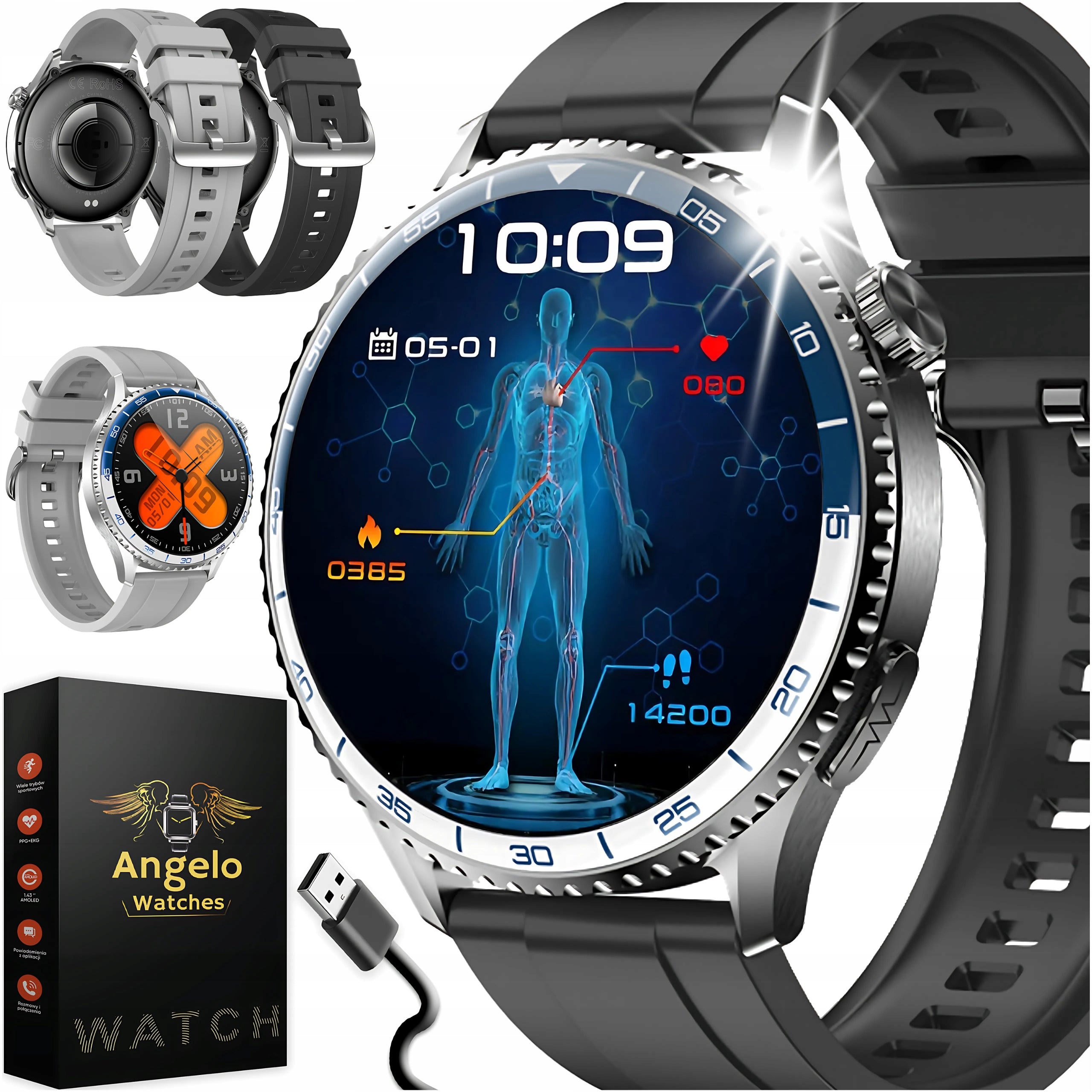 SMARTWATCH MEN'S WATCH EKG PRESSURE SUGAR MEASUREMENT TALK AMOLED MENU PL Brand Angelo Watches