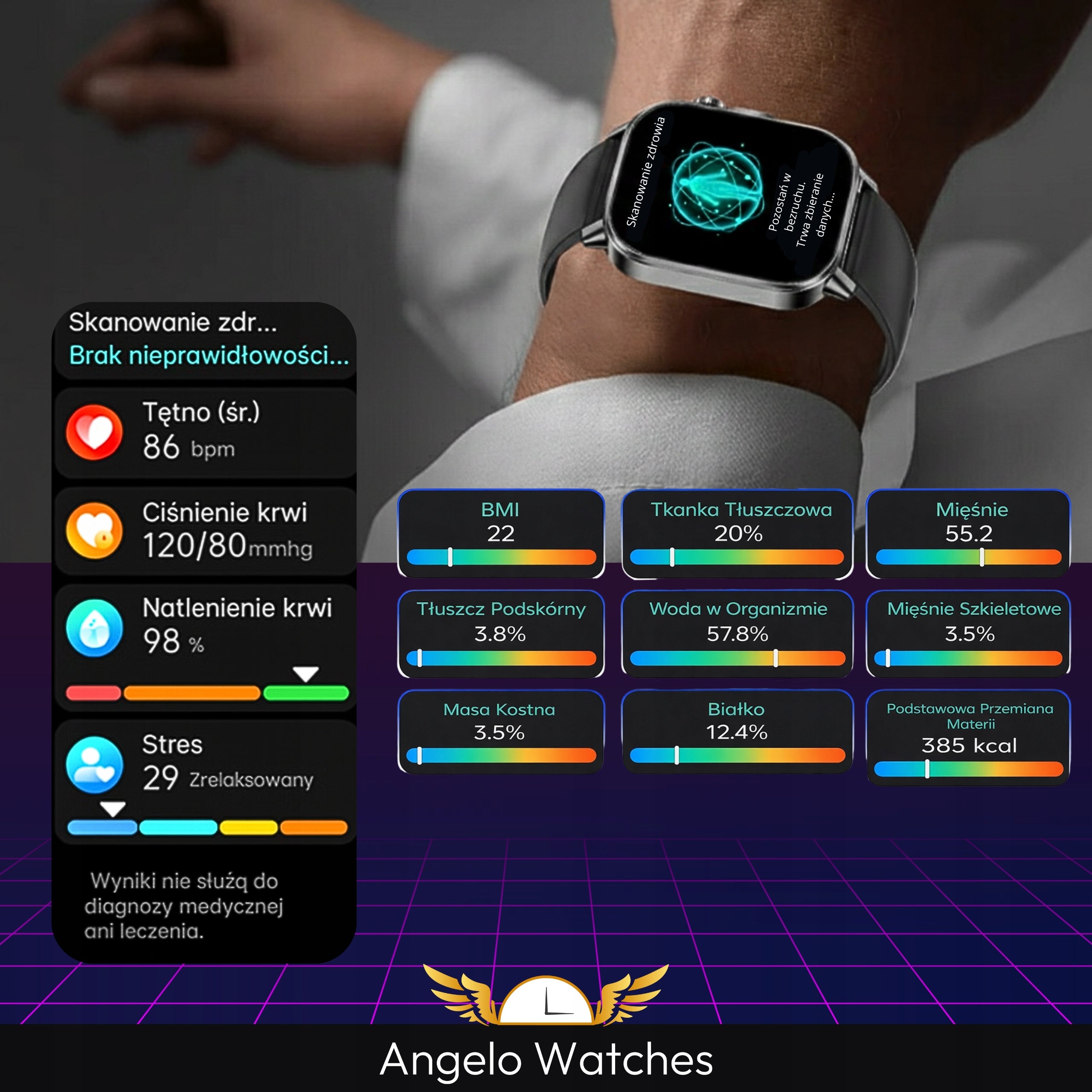 SMARTWATCH MEN'S WATCH PRESSURE CARDIO TALK EKG AMOLED PULSE MENU PL Brand Angelo Watches
