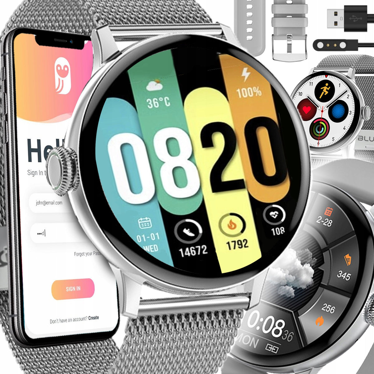 SMARTWATCH MEN'S WATCH WATERPROOF PL TALK MENU SMART WATCH + 2 STRAPS Packaging status original