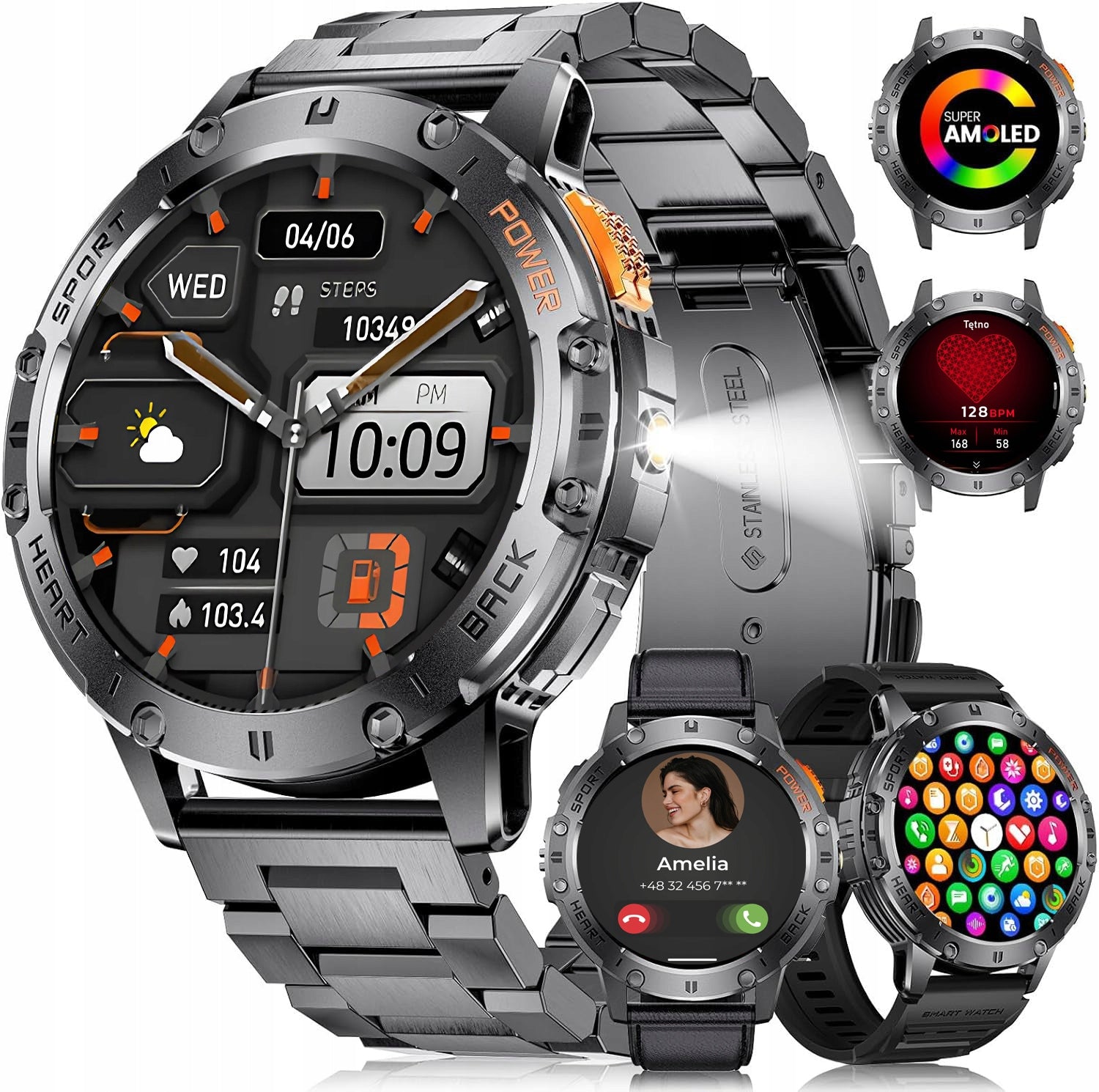 SMARTWATCH Men's Watch FLASHLIGHT TALK BLOOD Pressure Monitor 530mAH AMOLED IP68