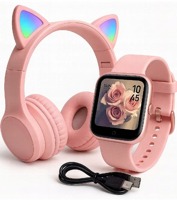 SMARTWATCH SQUARE PINK + PINK HEADPHONES WITH CAT EARS LED