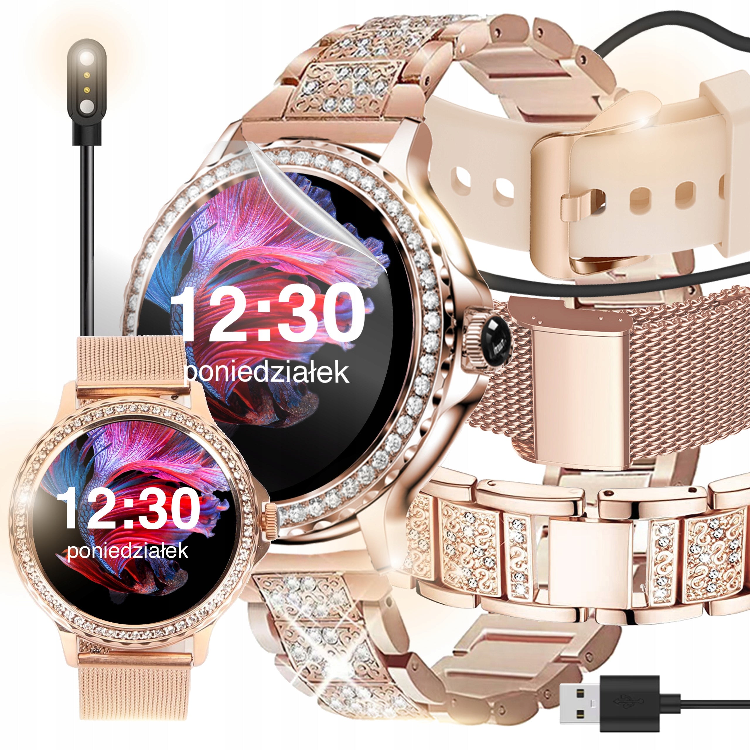 SMARTWATCH WOMEN'S WATCH POLISH MENU TALKING PRESSURE PULSE RHINESTONES