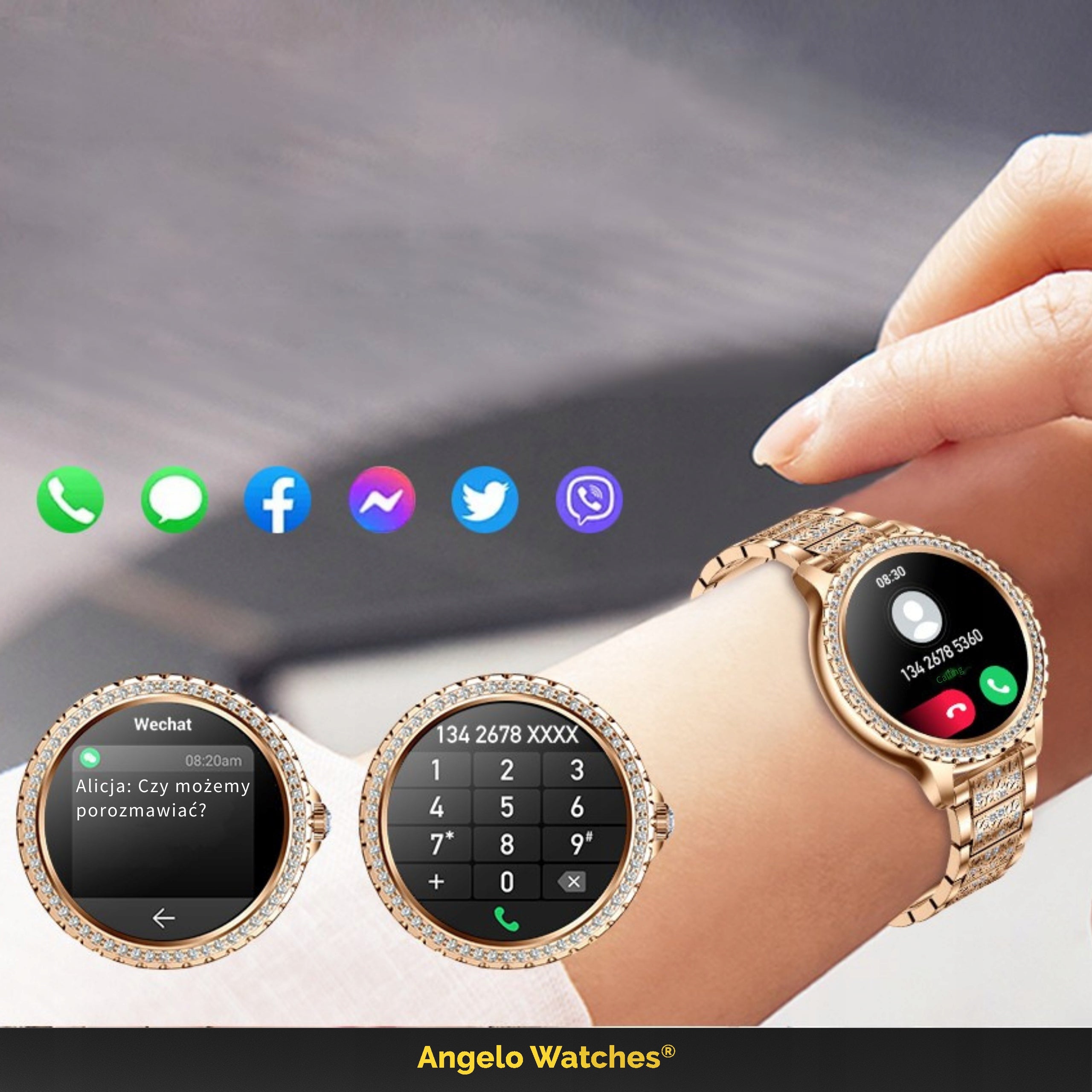 SMARTWATCH WOMEN'S WATCH RHINESTONES PULSE TALK PRESSURE STEPS MENU PL Brand Angelo Watches