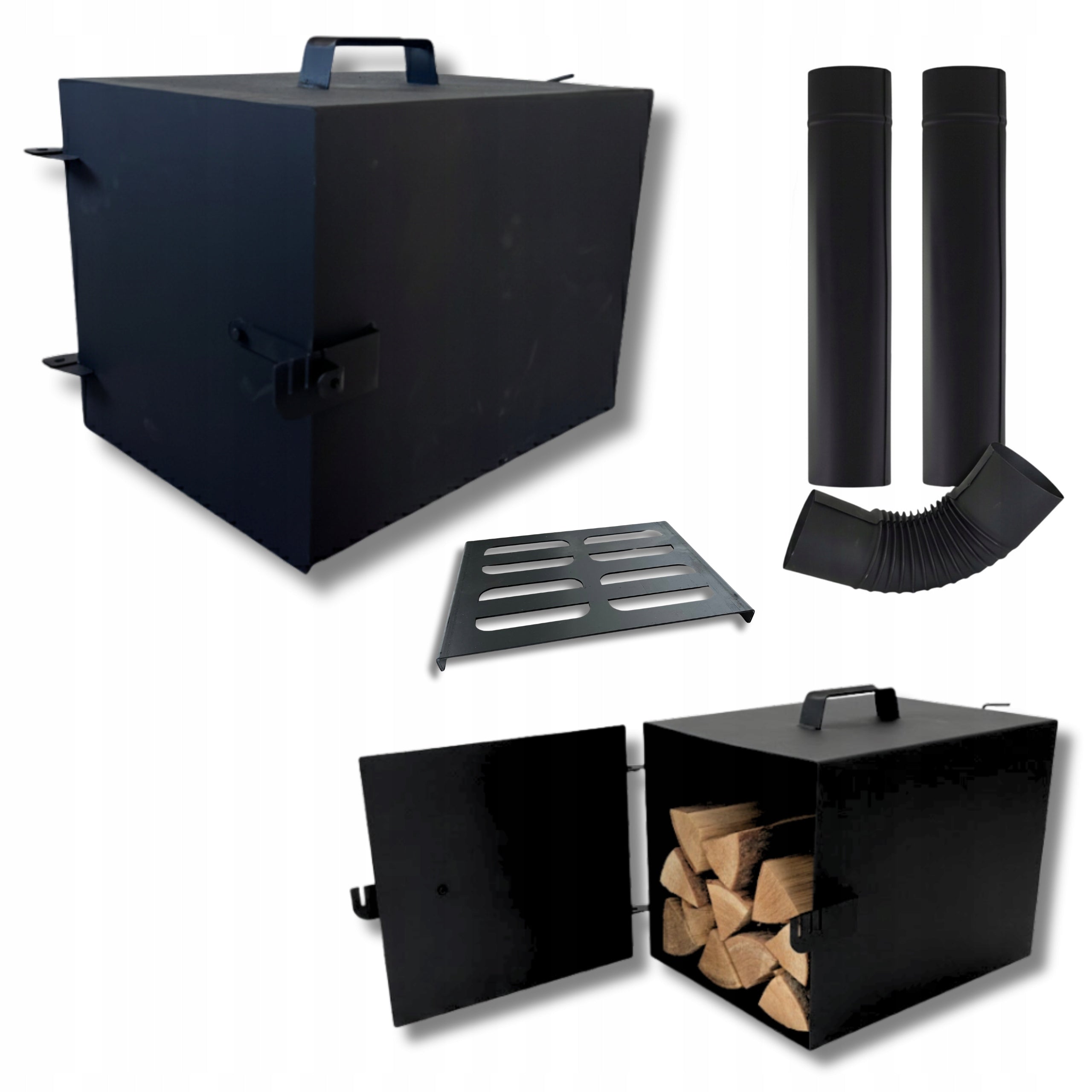 SMOKEHOUSE FIREPLACE 40x30x30 THICK STEEL SMOKE PIPES + KNEE SET STOVE