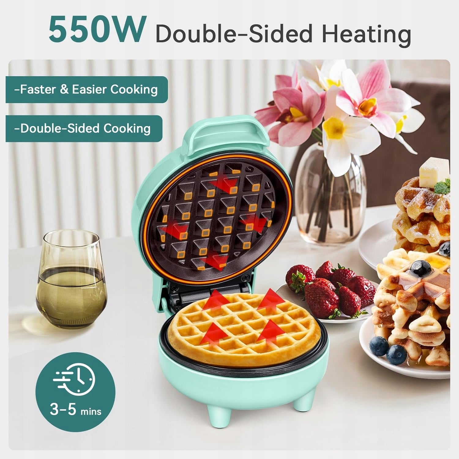 SNAILAR Mini 550W Waffle Iron with Nonstick Coating Green Power rating 550 W