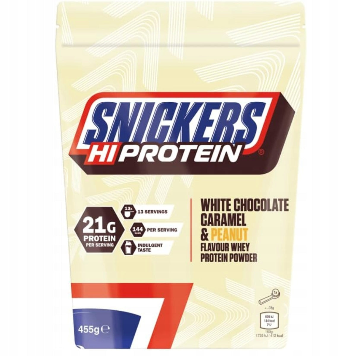 SNICKERS WHITE HI PROTEIN WHEY 455g WPC Packaging status original