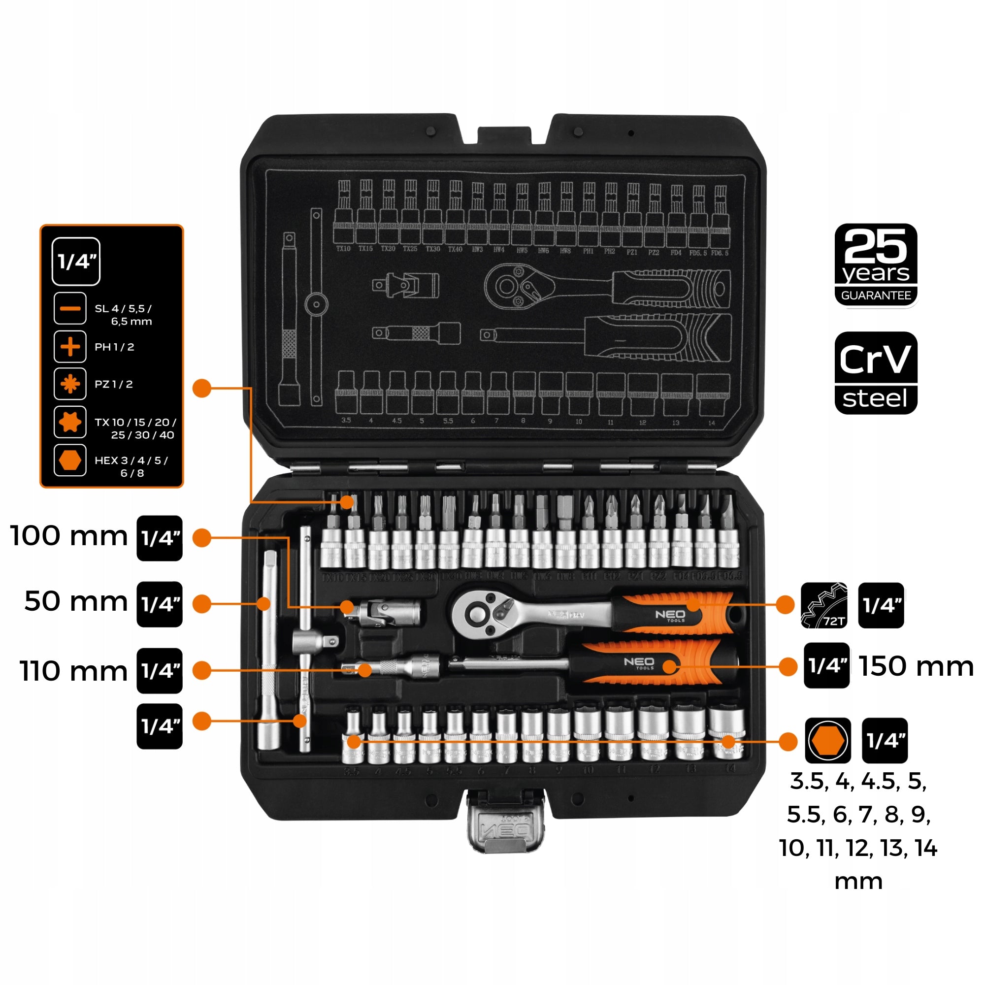 SOCKET WRENCH SET 1/4" 38 PCS SATIN 10-232 NEO TOOLS Product weight with unit packaging 1.44 kg