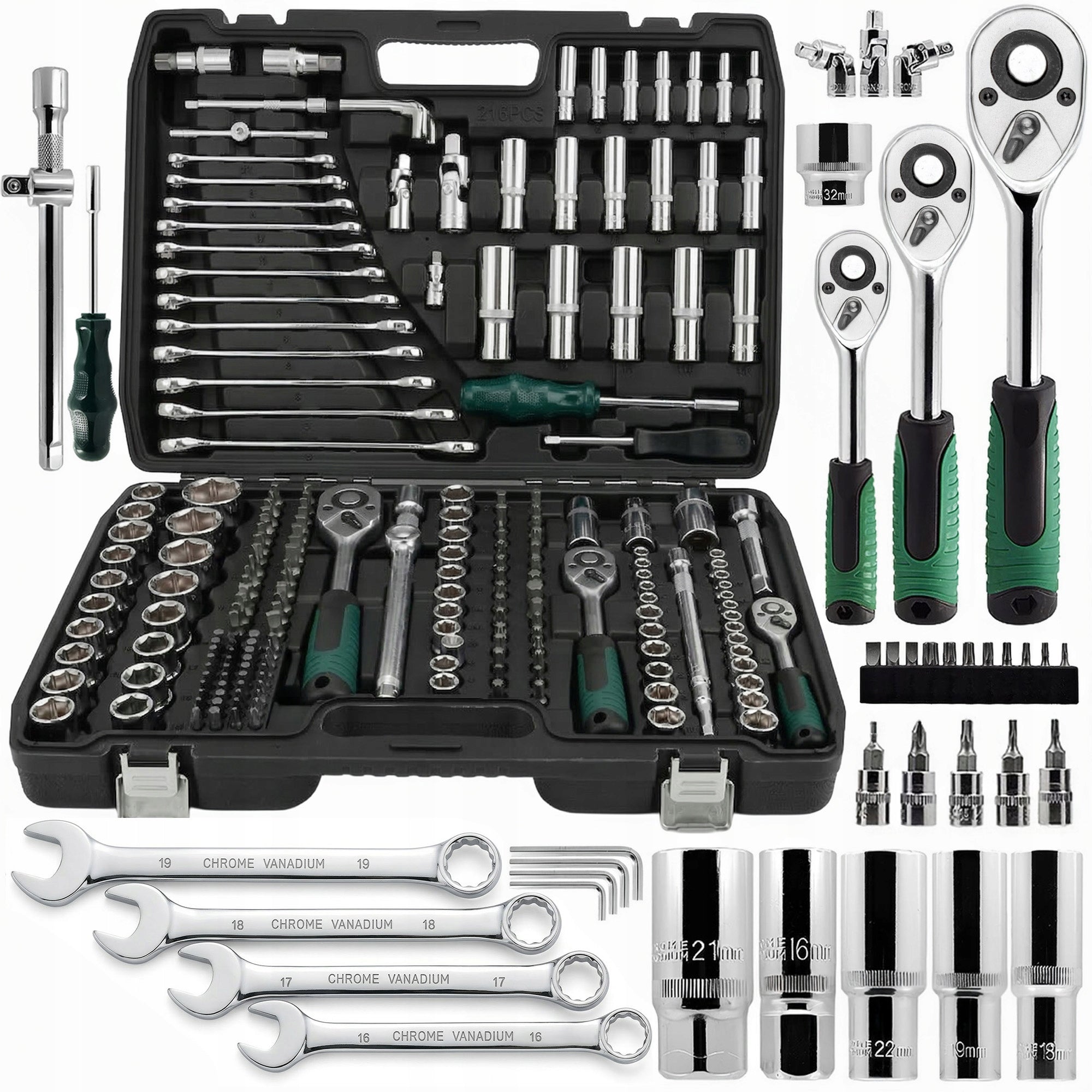 SOCKET WRENCH SET 216 EL 1/2 3/8 1/4 RATCHET CR-V FLAT EYELET