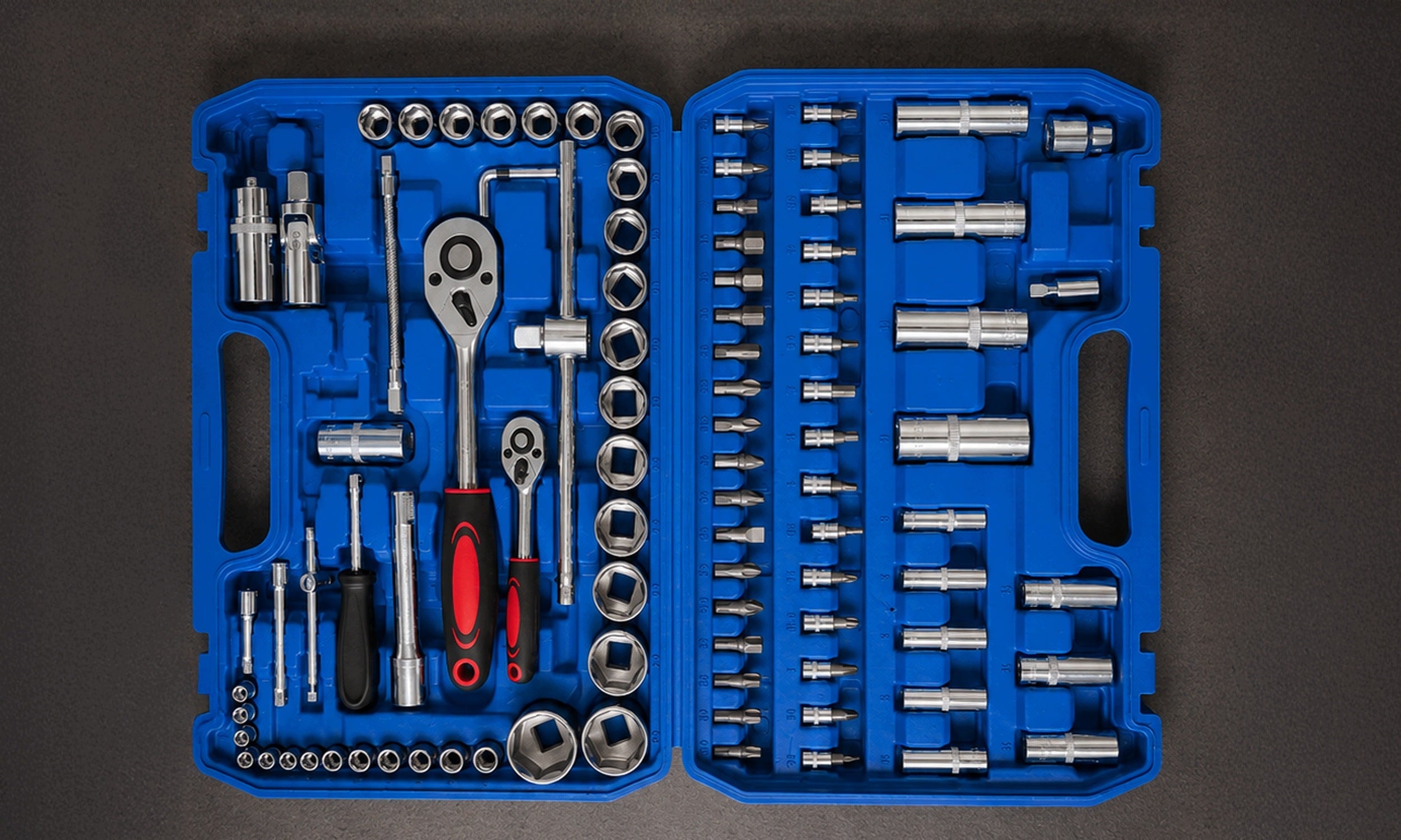 SOCKET WRENCH SET 2x RATCHET 1/2 1/4 BITS EXTENSIONS 94EL SUITCASE Packaging status original