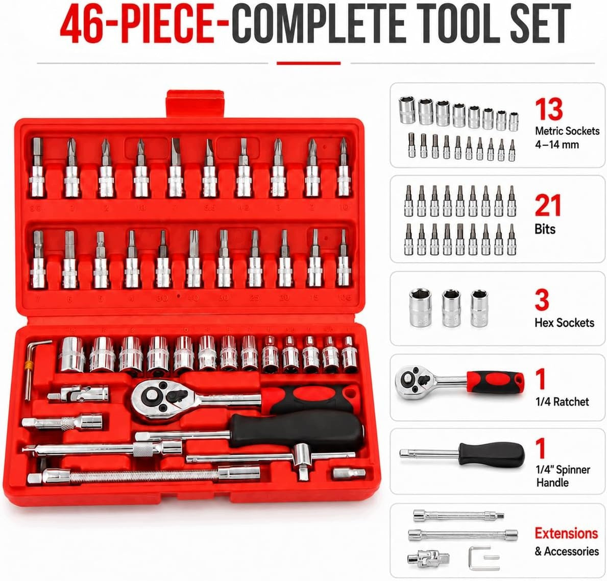 SOCKET WRENCH SET 46 ELEMENTS 1/4" RATCHET BITS SUITCASE Brand AG