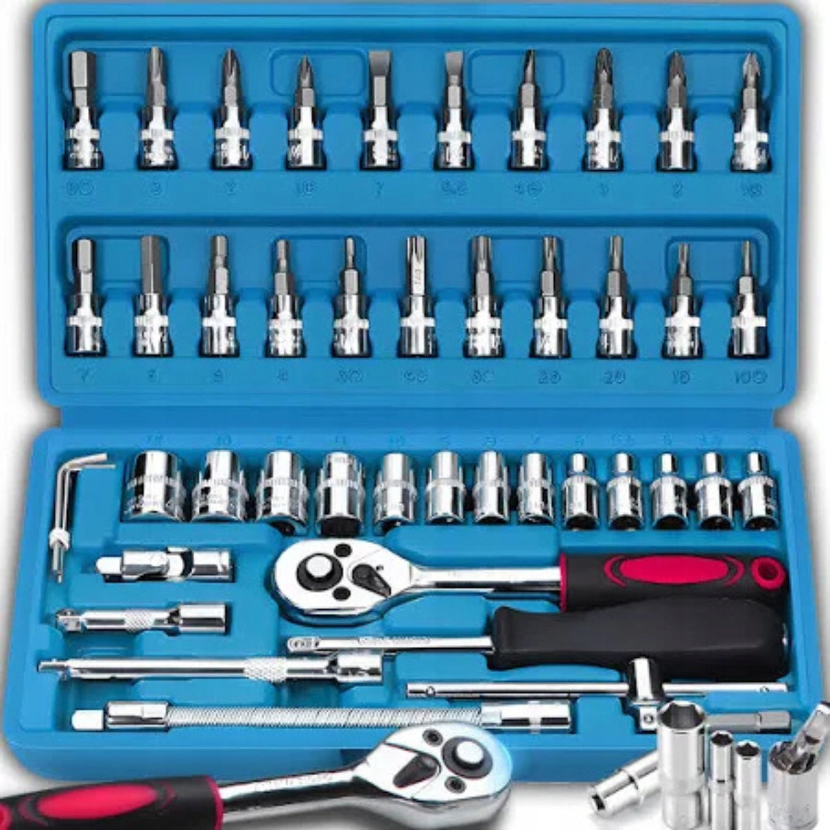SOCKET WRENCH SET 46 ELEMENTS TOOL KEYS RATCHET BOX